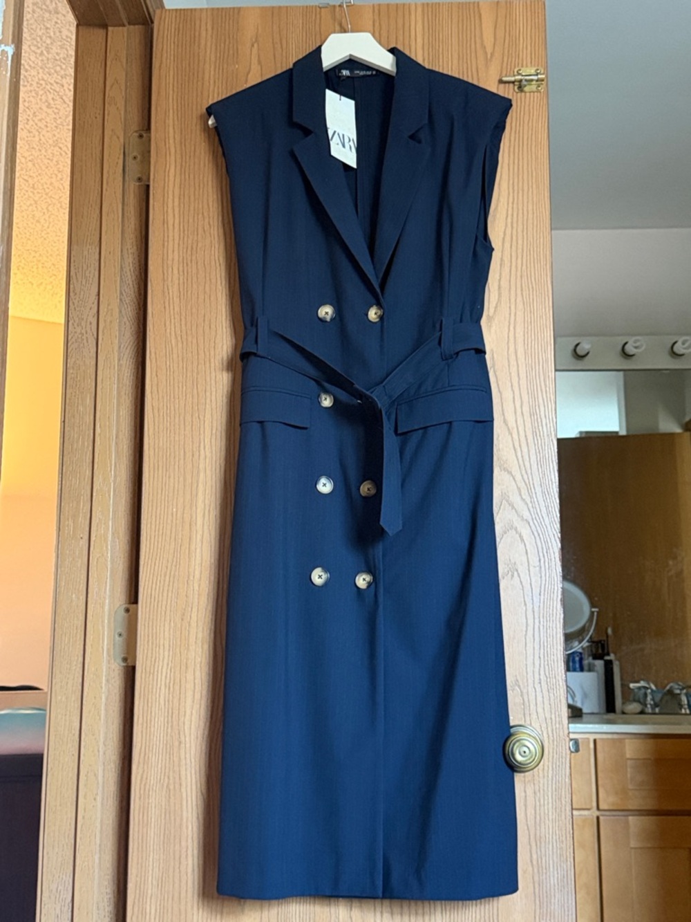 Zara Navy Double-Breasted Sleeveless Belted Dress